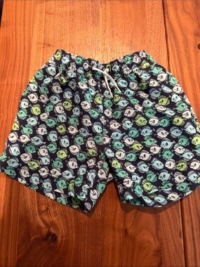 J. Crew Factory Navy Swim Trunks with Aqua, Mint & Lime Fish Motif